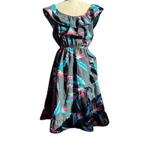 1980s Helena Hawaii black and pink floral print dress with ruffle neckline M